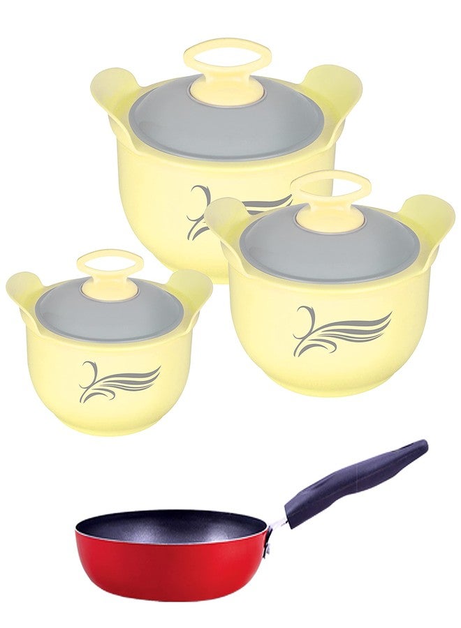 NIRLON Delight Inner Steel Casserole (800ml, 1200ml, 2000ml) Yellow with Non Stick Aluminium Tadka Pan 13cm Combo Set - Image 1