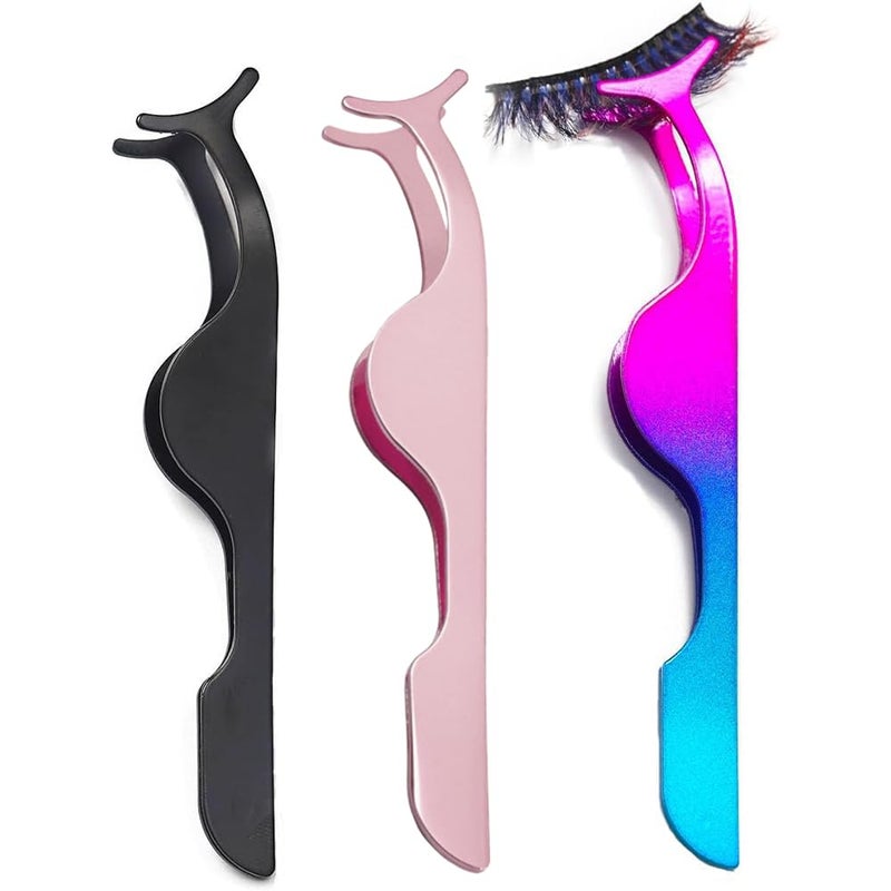 YiQiYi False Eyelash Tweezers for Lash Clusters 3PCS Professional Eyelashes Applicator Tool Stainless Steel Remover Clip Eyelashes Extension Tweezers Curved(Black, Champagne Purple,Assorted Color) - Image 1