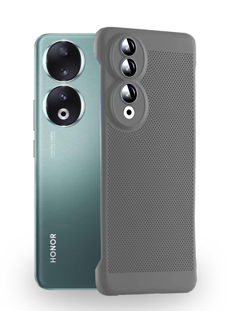 Heat Dissipation Case with Built in Camera Lens Protector Slim Fit Breathable Cooling Anti Fingerprint Hard PC Back Shockproof Cover For Honor 90 (Grey)