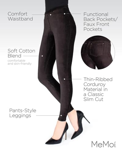 MeMoi Thin-Rib Slim-Cut Stretch Corduroy Leggings Black L-XL - Image 3