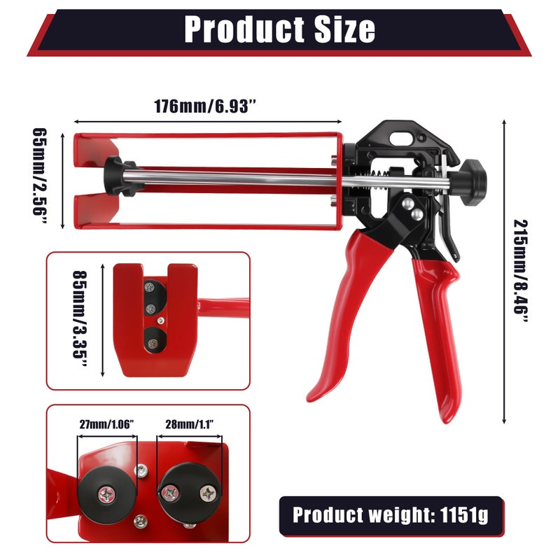 Storvix 200ml Epoxy Gun Dual Component Professional Heavy-Duty Full Metal Caulking Guns For Dual Cartridges 1:1 & 2:1 Mix Epoxy Applicator For Panel Bonding Structural Repair Adhesive Sealant Red - Image 4