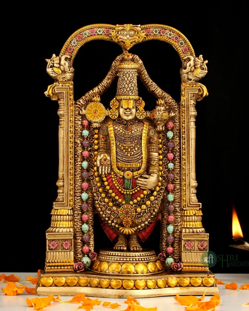 INDICAST 8" Tirupati Balaji Fine Metal Finish Idol Decorative Showpiece Handcrafted Tirupati Balaji Murti for Home Office and Gifting Purpose Sculpture, Golden, Pack of 1 - Image 1