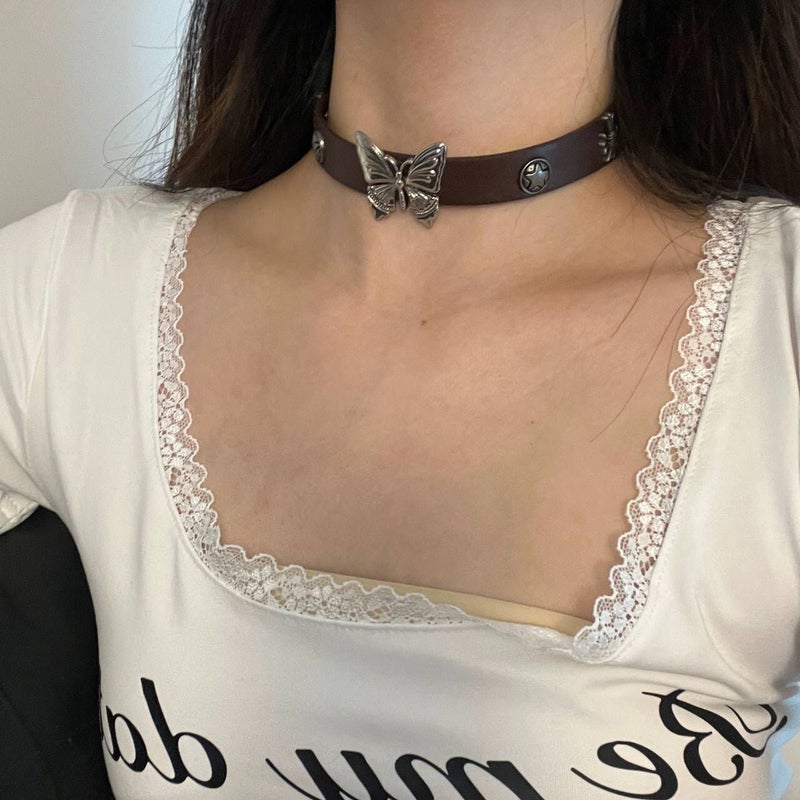 Retro hot girl y2g Butterfly leather necklace Asian culture rock style sweet cool European and American clavicle chain choker female Butterfly leather necklace 