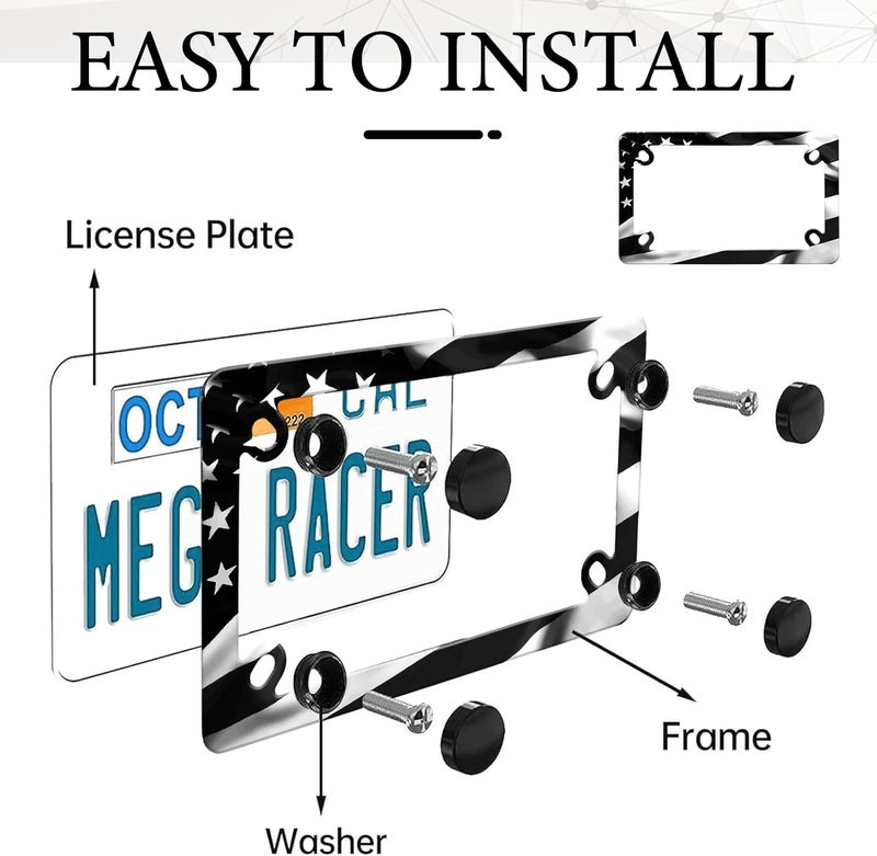LIN KANG إطار لوحة ترخيص الدراجة النارية بعلم أمريكا - 4 فتحات من الفولاذ المقاوم للصدأ بخطوط سوداء غير لامعة وعلم أمريكا لامع وغطاء إطار لوحة ترخيص وطني للدراجة النارية - Image 3