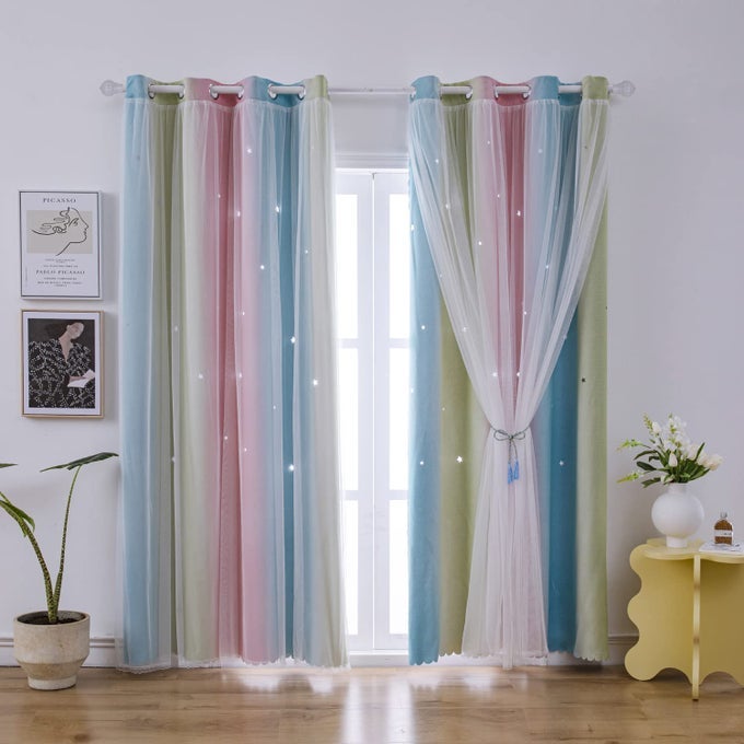 OMBRE RAINBOW BLACKOUT CURTAINS FOR KID GIRLS BEDROOM LIVING ROOM DARKING STRIPE DOUBLE LAYER STAR CUT OUT WALL HOME DECOR GRADIENT GROMMET WINDOW CURTAINS BLUE PINK 52W X 63L