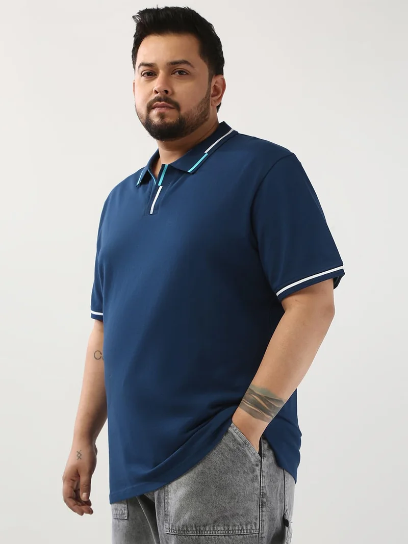 Urbano Fashion  Urbano Plus Men's Estate Blue Solid Regular Fit Half Sleeve Cotton Polo T-Shirt  | Best Price UAE
