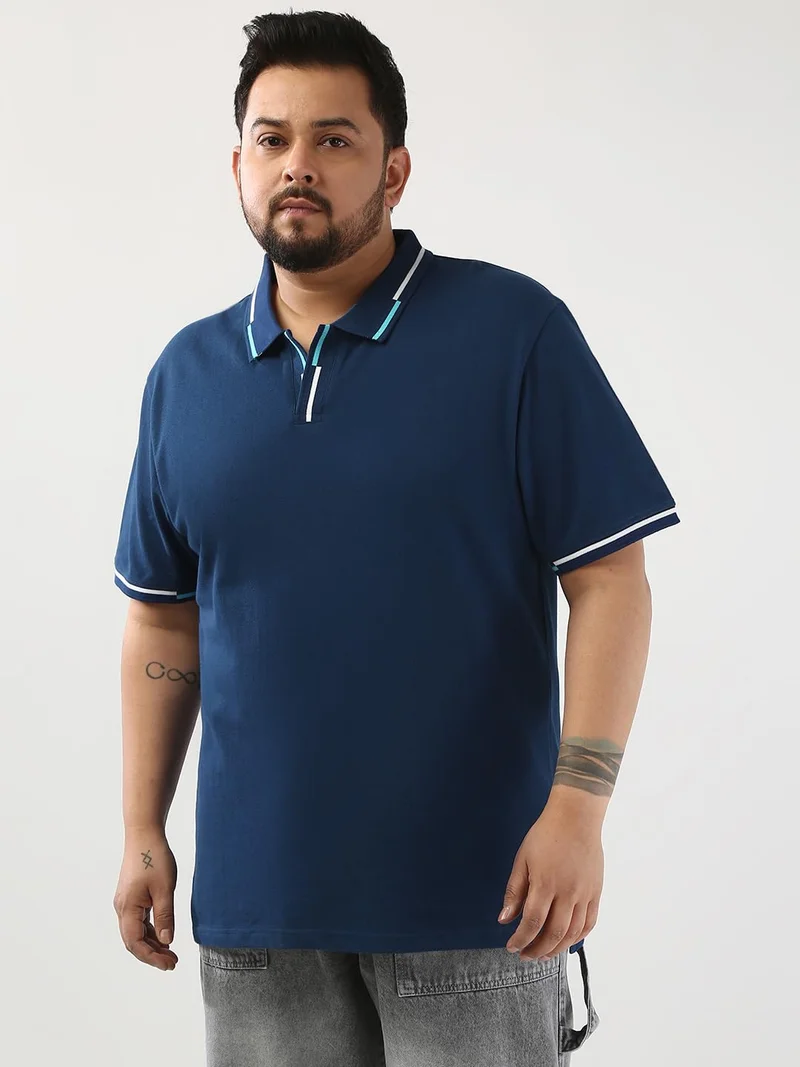 Urbano Plus Men's Estate Blue Solid Regular Fit Half Sleeve Cotton Polo T-Shirt