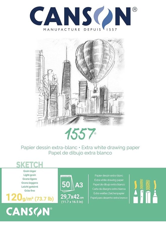 CANSON 1557 Extra White 120gsm A3 Sketch Paper Light Grain 50 Sheets Ideal for Professional Artists Illustrators - Image 1