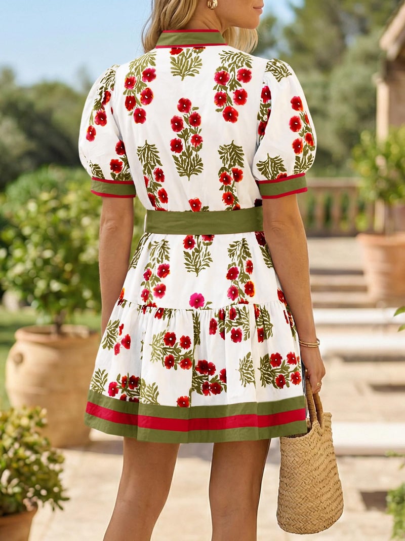 Wenrine Womens Summer Floral Mini Dress Puff Short Sleeve V Neck Button Down Casual Loose Boho Beach Dresses with Belt White - Image 3