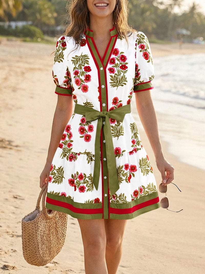 Wenrine Womens Summer Floral Mini Dress Puff Short Sleeve V Neck Button Down Casual Loose Boho Beach Dresses with Belt White - Image 5