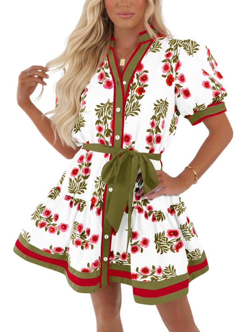 Wenrine Womens Summer Floral Mini Dress Puff Short Sleeve V Neck Button Down Casual Loose Boho Beach Dresses with Belt White - Image 1