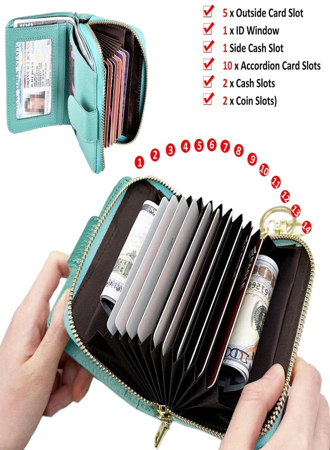 Beurlike Women's RFID Credit Card Wallet Organizer Case Leather Ladies Small Security Card Holder(10 Accordion/Key Ring) - Teal - Image 4