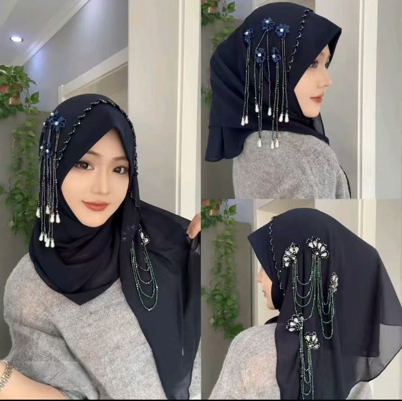 حجاب نسائي مزين بزهور خرز وشرّابات متدلية، مقاس موحد، وشاح رأس أنيق للاستخدام اليومي والمناسبات والتجمعات - Image 2