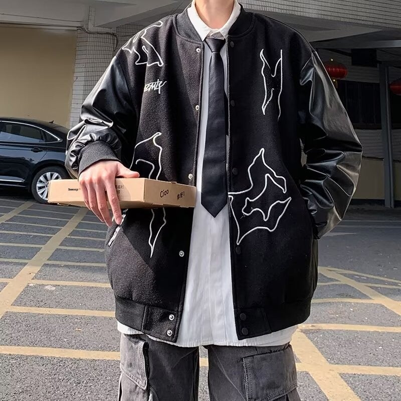 American Style Trendy Brand PU Leather Stitching Wool Baseball Suit Jacket Mens High-Grade Sense Fried Street Hot Brick Jacket for Couples Black - Image 3