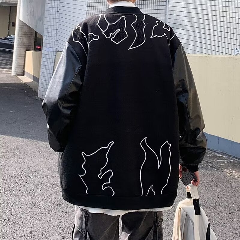 American Style Trendy Brand PU Leather Stitching Wool Baseball Suit Jacket Mens High-Grade Sense Fried Street Hot Brick Jacket for Couples Black - Image 4
