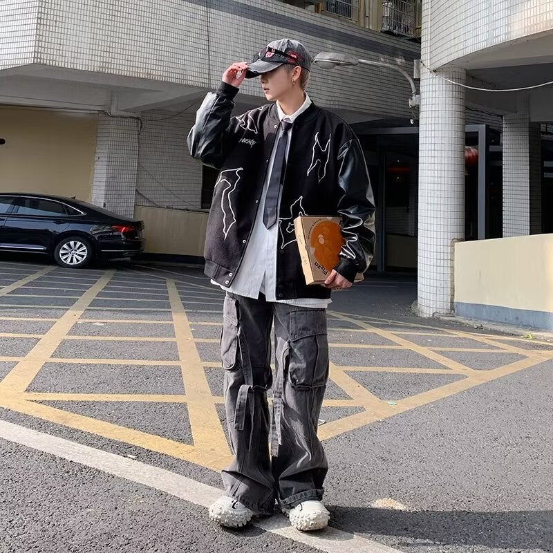 American Style Trendy Brand PU Leather Stitching Wool Baseball Suit Jacket Mens High-Grade Sense Fried Street Hot Brick Jacket for Couples Black - Image 2