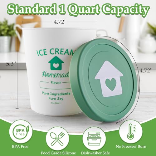 cyrico Ice Cream Containers with Silicone Lids for Homemade Ice Cream, 4 Pack 1 Quart Each Reusable Sorbet Frozen Yogurt Storage Containers Set BPA Free Stackable Leakproof Dishwasher Freezer Safe - Image 3