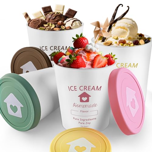 cyrico Ice Cream Containers with Silicone Lids for Homemade Ice Cream, 4 Pack 1 Quart Each Reusable Sorbet Frozen Yogurt Storage Containers Set BPA Free Stackable Leakproof Dishwasher Freezer Safe - Image 1