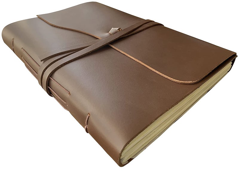 Rustic Town Genuine Leather Photos Album (Handmade Paper) with Gift Box - Scrapbook Style Pages Holds 4x6 or 5x7 inches - Birthday, Memories, Wedding Photos (Brown, Large) - Image 1