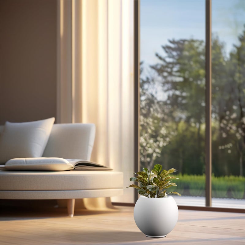 Kante Round Concrete Flower Pot, 11 Inch Dia (7.9" Opening) Sphere Shape Design Planter with Drainage Hole and Rubber Plug for Indoor & Outdoor Plants, White Finish with Painted Interior - Image 3
