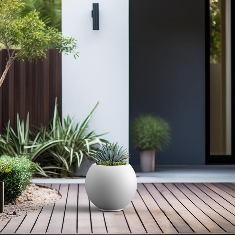 Kante Round Concrete Flower Pot, 11 Inch Dia (7.9" Opening) Sphere Shape Design Planter with Drainage Hole and Rubber Plug for Indoor & Outdoor Plants, White Finish with Painted Interior - Image 5