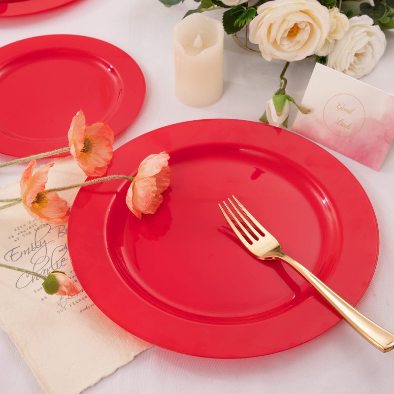 FLOWERCAT 60PCS Red Plastic Plates - Heavy Duty Red Plates Disposable for Party - Include 30PCS 10.25inch Red Dinner Plates and 30PCS 7.5inch Red Dessert/Salad Plates for Valentine's Day - Image 4