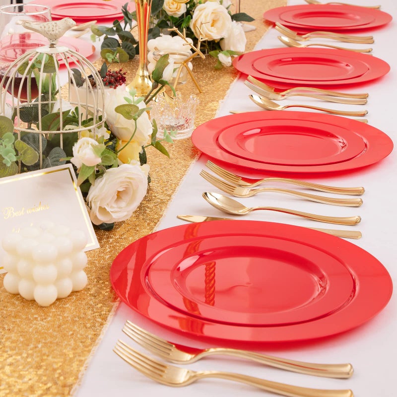 FLOWERCAT 60PCS Red Plastic Plates - Heavy Duty Red Plates Disposable for Party - Include 30PCS 10.25inch Red Dinner Plates and 30PCS 7.5inch Red Dessert/Salad Plates for Valentine's Day - Image 5