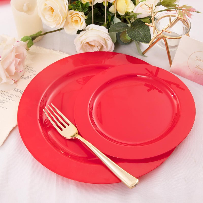 FLOWERCAT 60PCS Red Plastic Plates - Heavy Duty Red Plates Disposable for Party - Include 30PCS 10.25inch Red Dinner Plates and 30PCS 7.5inch Red Dessert/Salad Plates for Valentine's Day - Image 3