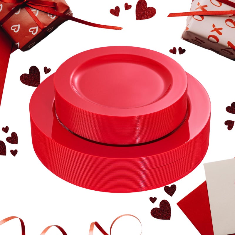 FLOWERCAT 60PCS Red Plastic Plates - Heavy Duty Red Plates Disposable for Party - Include 30PCS 10.25inch Red Dinner Plates and 30PCS 7.5inch Red Dessert/Salad Plates for Valentine's Day - Image 1
