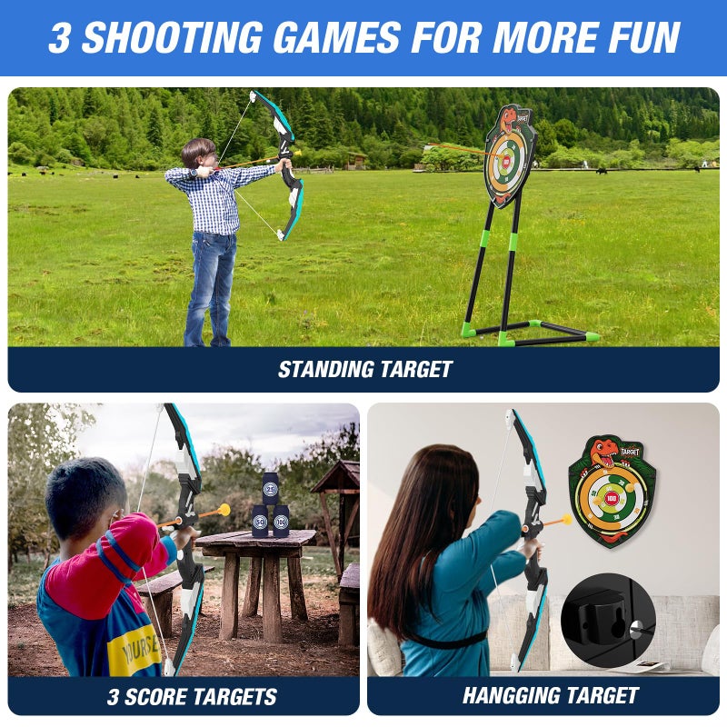 HYES Bow and Arrow for Kids, LED Light Up Archery Set with 12 Suction Cup Arrows, 1 Standing Target, 3 Score Targets & 1 Quiver, Indoor Outdoor Sport Gifts for Boys Girls Ages 4-12, Blue - Image 2