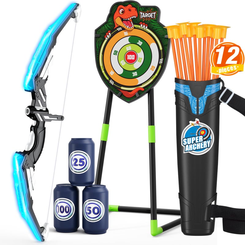HYES Bow and Arrow for Kids, LED Light Up Archery Set with 12 Suction Cup Arrows, 1 Standing Target, 3 Score Targets & 1 Quiver, Indoor Outdoor Sport Gifts for Boys Girls Ages 4-12, Blue - Image 1