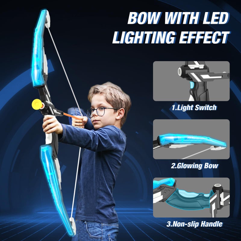 HYES Bow and Arrow for Kids, LED Light Up Archery Set with 12 Suction Cup Arrows, 1 Standing Target, 3 Score Targets & 1 Quiver, Indoor Outdoor Sport Gifts for Boys Girls Ages 4-12, Blue - Image 3