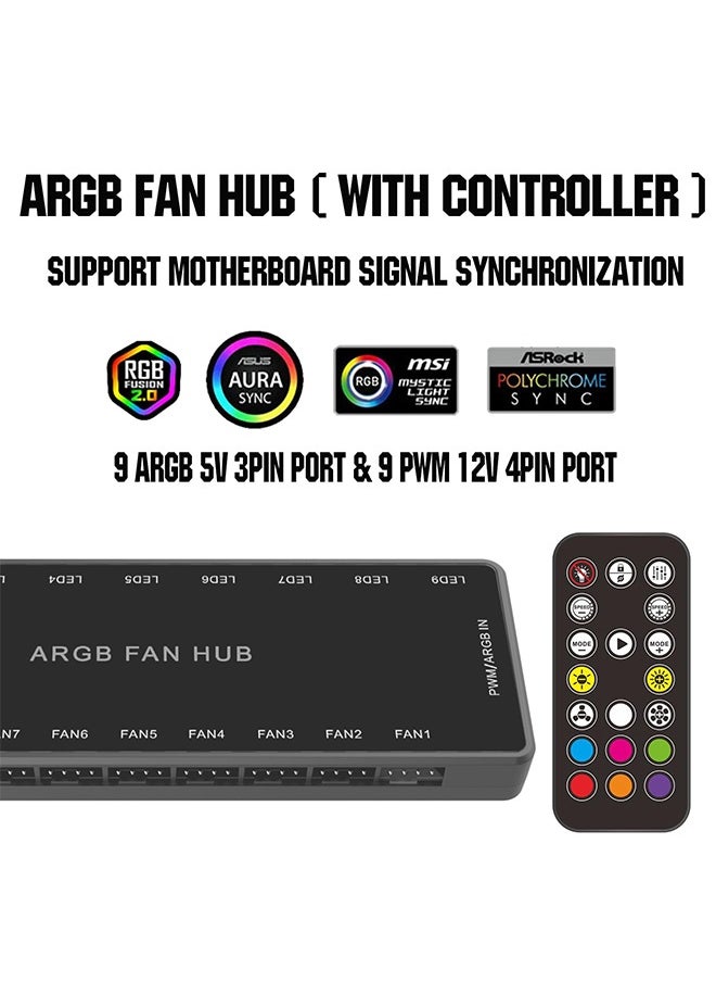 Peachjoy ARGB Fan HUB Controller with Remote Control, PWM Hub Support 9 Groups of Fans for Addressable 5V 3Pin ARGB and 12V 4Pin PWM, 2-in-1 RGB Case Fan with Hidden Magnetic Base and SATA Power (9 Groups)  - Image 3