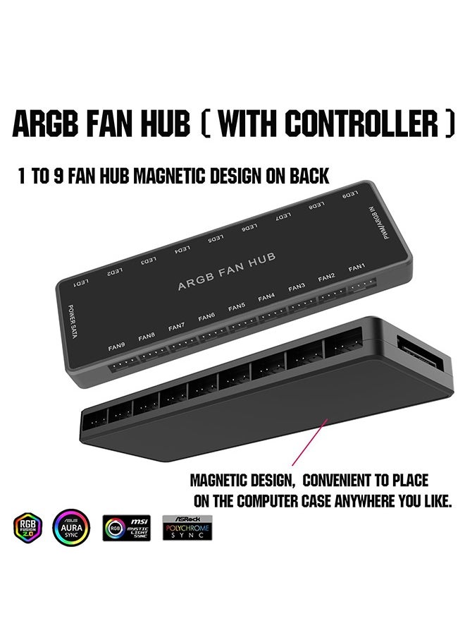 Peachjoy ARGB Fan HUB Controller with Remote Control, PWM Hub Support 9 Groups of Fans for Addressable 5V 3Pin ARGB and 12V 4Pin PWM, 2-in-1 RGB Case Fan with Hidden Magnetic Base and SATA Power (9 Groups)  - Image 4