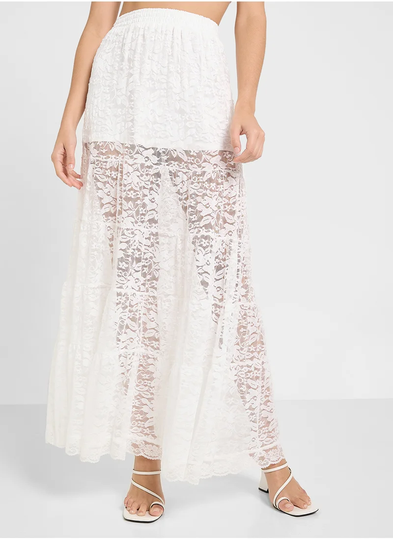 Ginger Sheer Dobby Lace Mix Panel Tiered Maxi Skirt