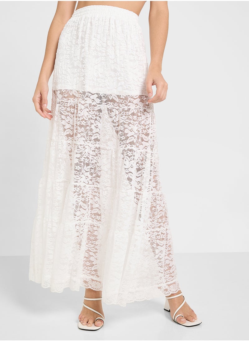 Ginger Sheer Dobby Lace Mix Panel Tiered Maxi Skirt  - Image 1
