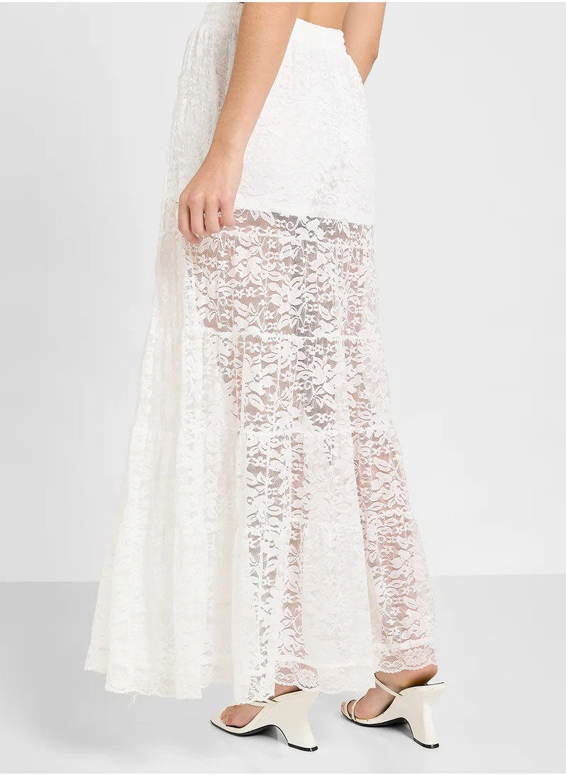 Ginger Sheer Dobby Lace Mix Panel Tiered Maxi Skirt