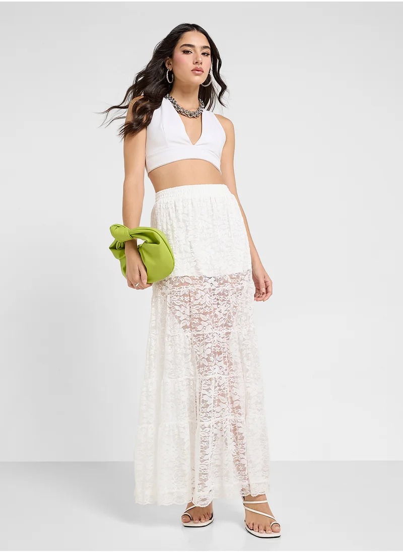 جينجر Sheer Dobby Lace Mix Panel Tiered Maxi Skirt