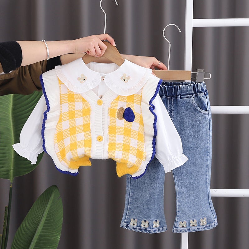 Spring new childrens two rabbit collar long sleeve suit baby girl casual fashion long sleeve three-piece suit fashion Yellow