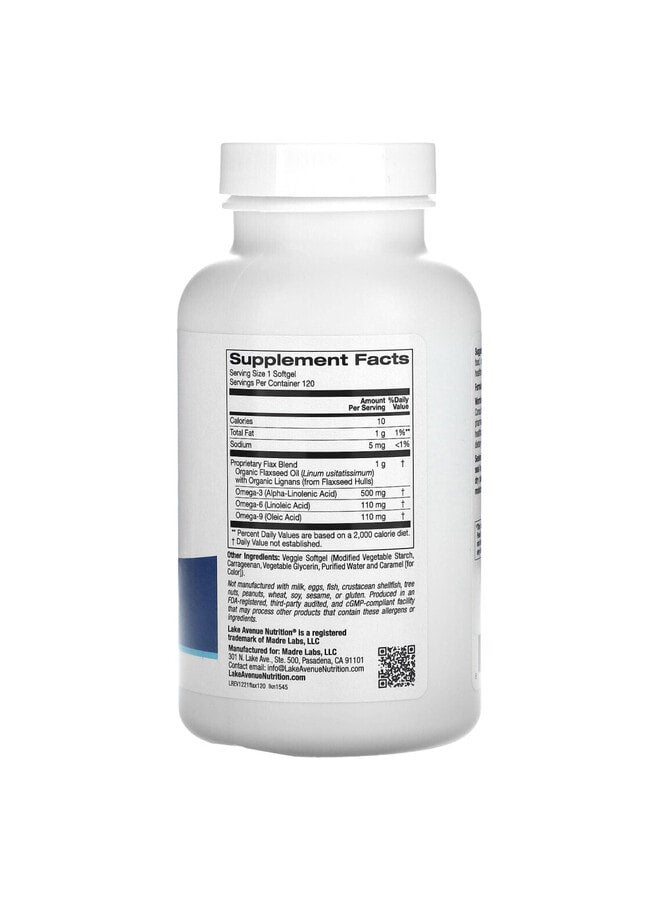 Cold Pressed Flaxseed Oil with Lignans, 120 Veggie Softgels