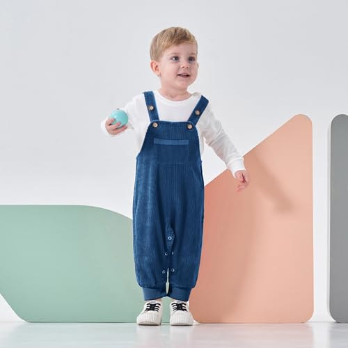 Volunboy Baby Boys Corduroy Overalls Kids Bib Pants Suspender Trousers Toddler Strap Jumpsuit Bottom Outfit (Blue&pocket, 18-24 Months) - Image 5