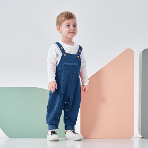 Volunboy Baby Boys Corduroy Overalls Kids Bib Pants Suspender Trousers Toddler Strap Jumpsuit Bottom Outfit (Blue&pocket, 18-24 Months) - Image 4