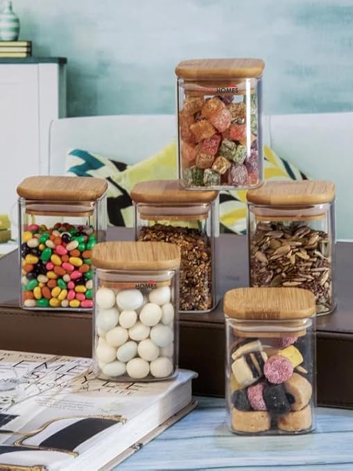 kuruji clear glass storage canister with wood lid food storage container jar with sealing bamboo lid for kitchen storage and multipurpose use PACK OF 6 - Image 2