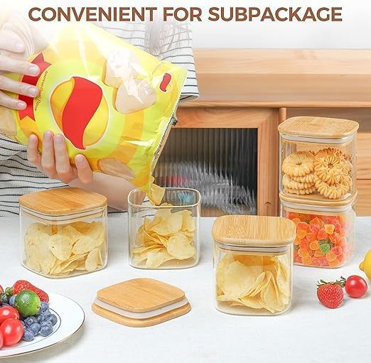 kuruji clear glass storage canister with wood lid food storage container jar with sealing bamboo lid for kitchen storage and multipurpose use PACK OF 6 - Image 4