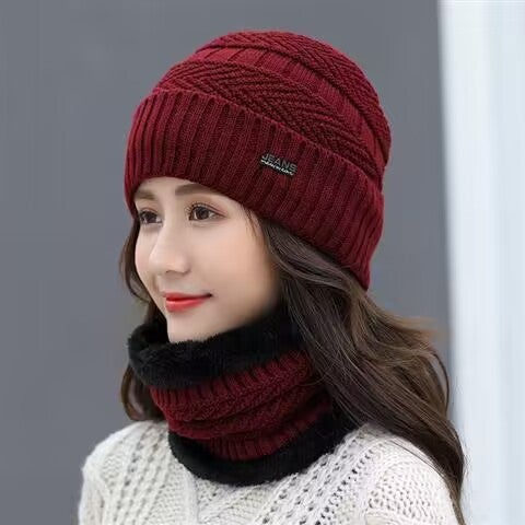 Hat Mens Winter Wool Hat Thickened Korean Style Fashionable Knitted Pullover Cap Fleece-lined Warm Winter Hat Youth Cotton Hat J standard wine red 
