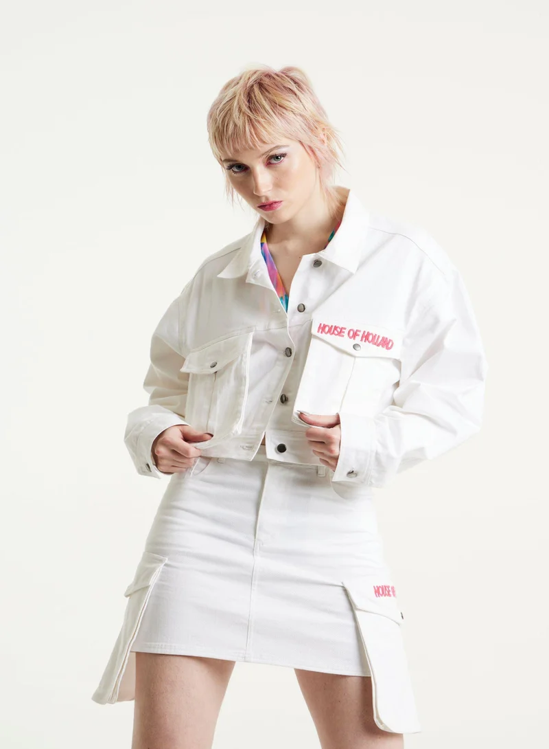 Bulldog Embroidered White Denim Jacket