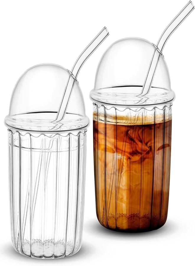 Glass Tumbler Set with Dome Lid and Straw, 15 oz Reusable Smoothie Coffee Drinking Glass Cup, Ideal for Home and Office Use, 2 Pcs