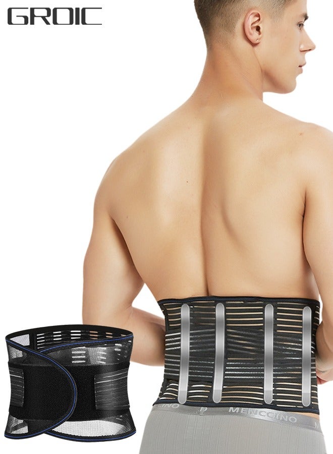 Back Brace Lumbar Support Belt for Lower Back Pain Relief, Breathable Back Support Belt with 4 Metal Support Stays for Heavy Lifting, Work and Exercise, Men and Women, L
