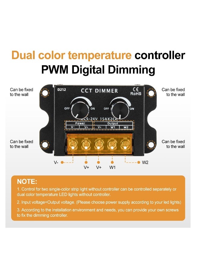 Generic DC 5V-24V 30A LED Double Knob Dimmer, PWM Dimming Controller, Dual Color Temperature Dimmer with Off On Switches, Adjustable for CCT and Single Channel 5050 3528 Light Strips, Control Brightness  - Image 2