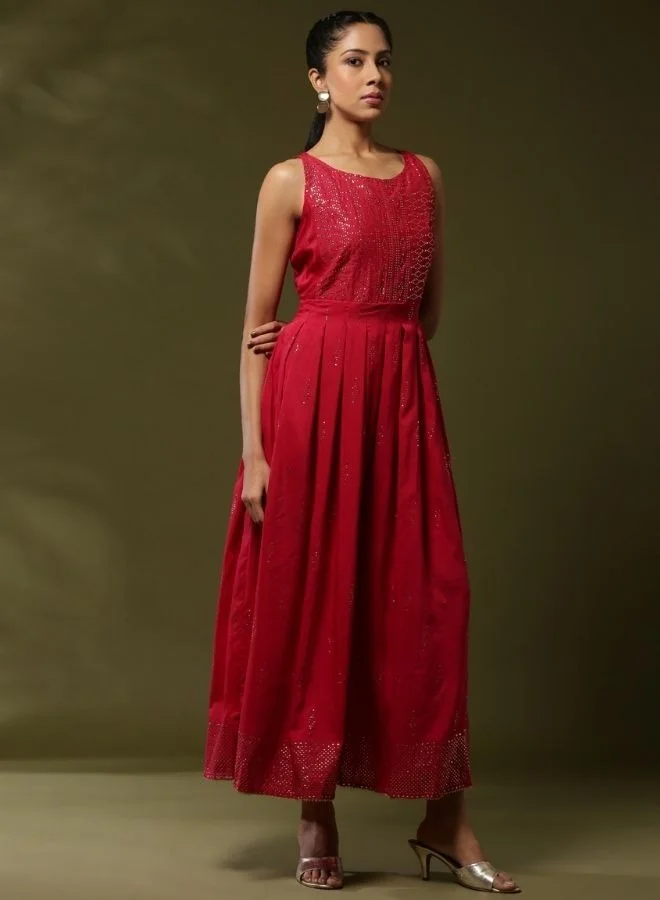 Abhishti Sleeveless Mukaish work dress-red
